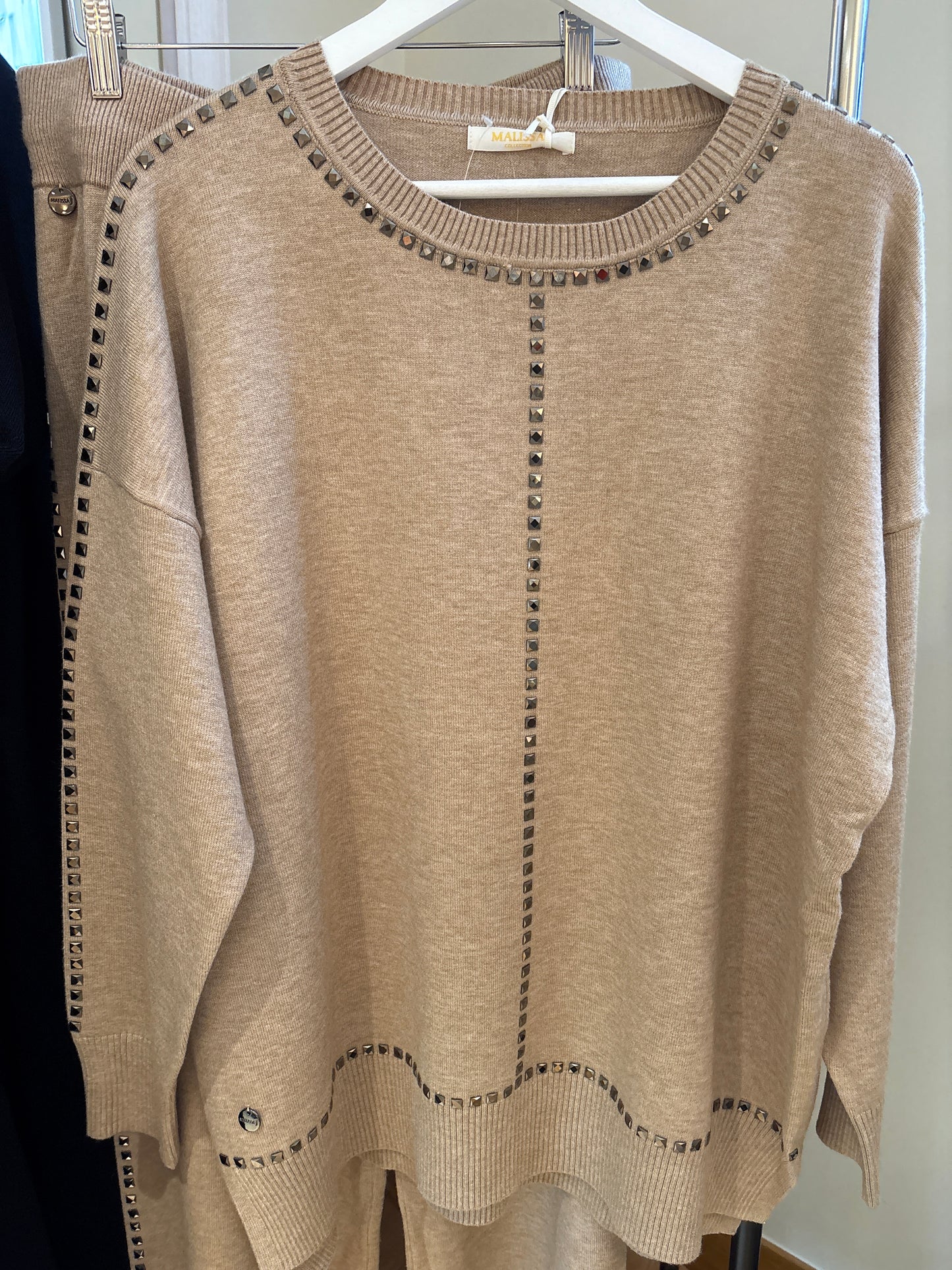 Stone knitted round neck jumper with square studs - one size - The Nook