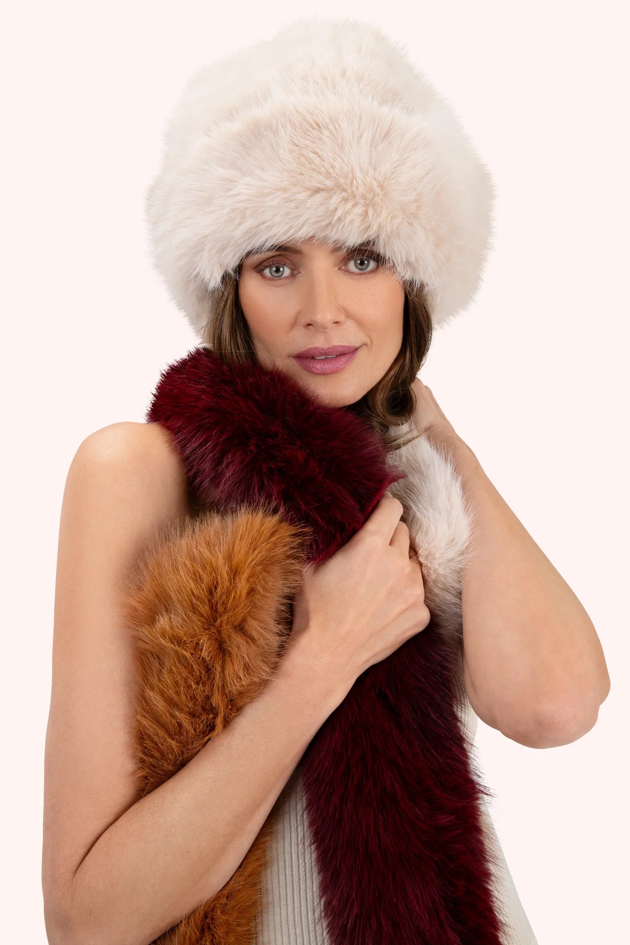 Elsa Faux Fur 3-Tone Scarf Damson/Mocca/Cream by The Nook