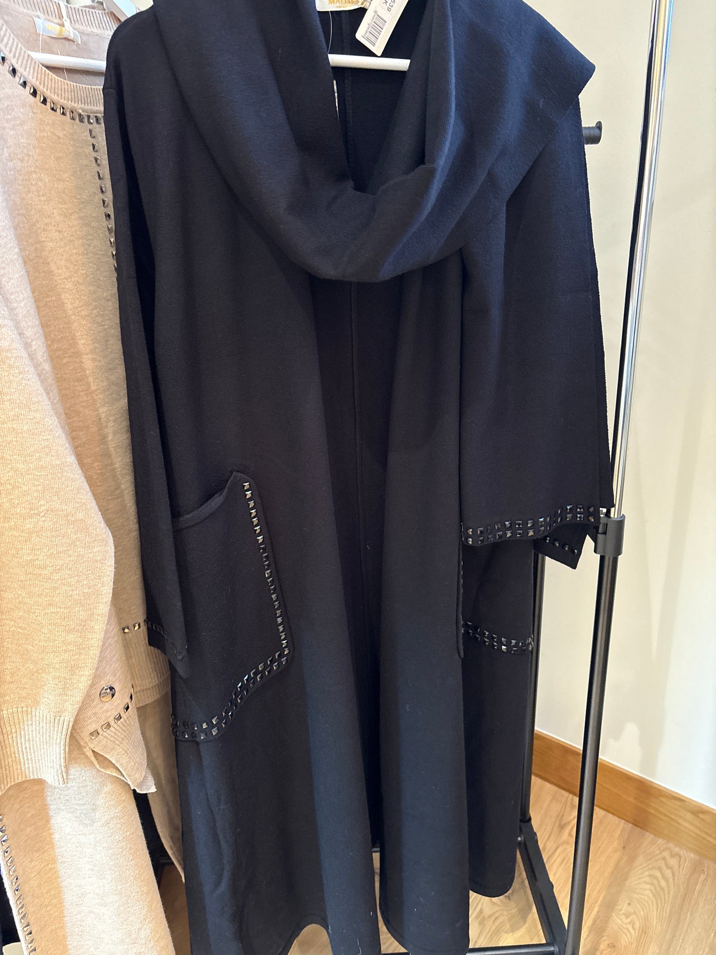 Black Knitted long swing Coatigan with large studded pockers and scarf 2pc - one size - The Nook
