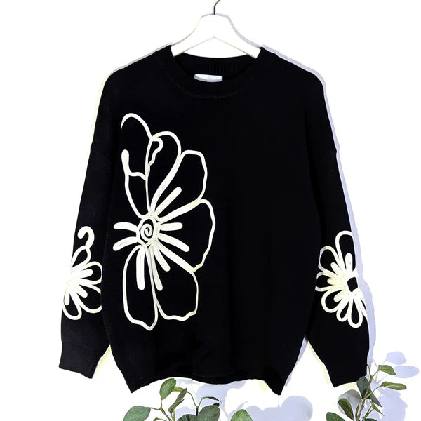 Luxe Knitted Jumper with Embroidered Flower - Black by The Nook
