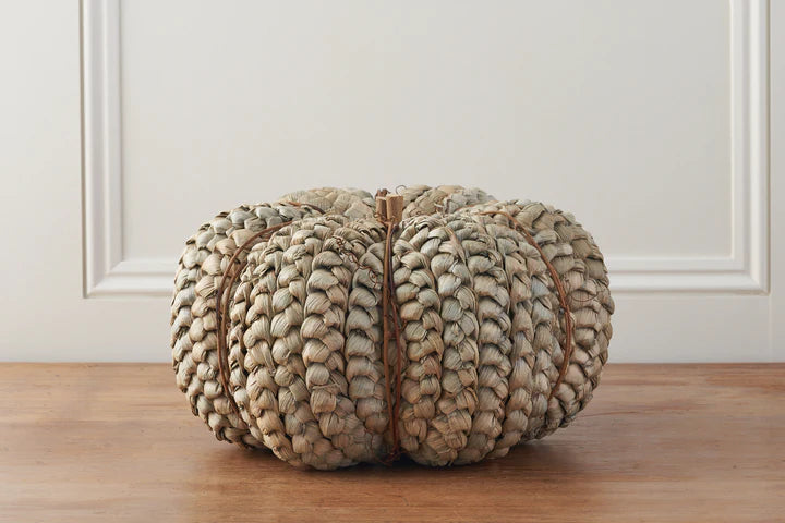 Grey Straw Pumpkin with Wooden Detailing