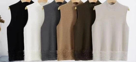 Cream Ribbed Turtle Neck Sleeveless Knit Vest with Faux Fur Trim - The Nook