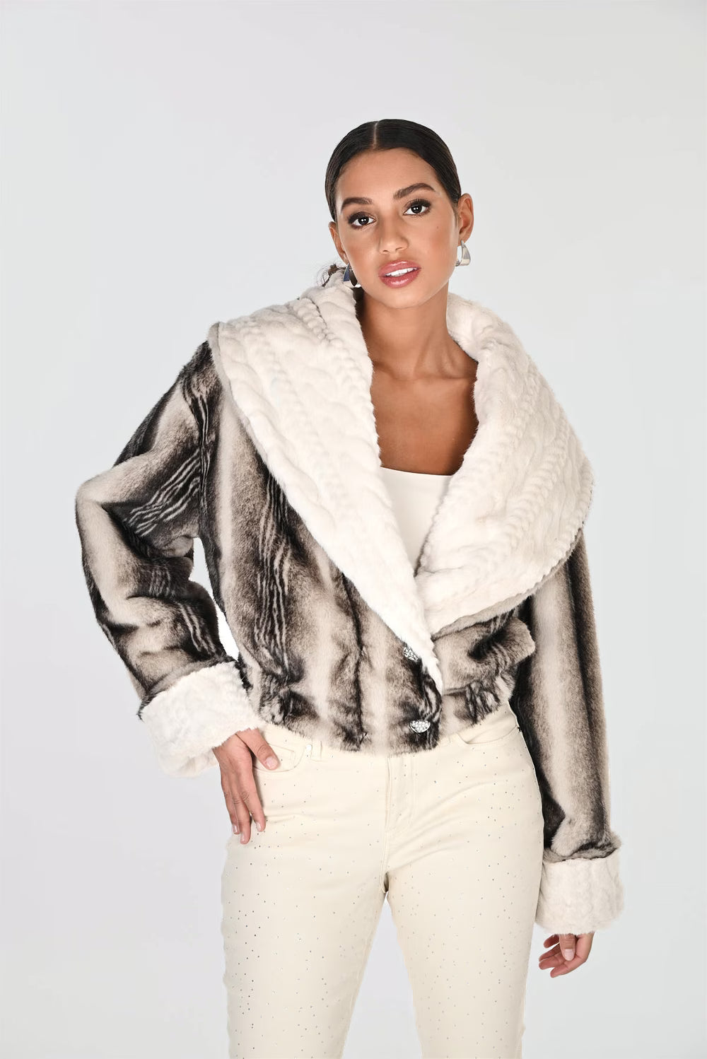 Faux Fur Reversible Jacket in Beige & Grey by The Nook