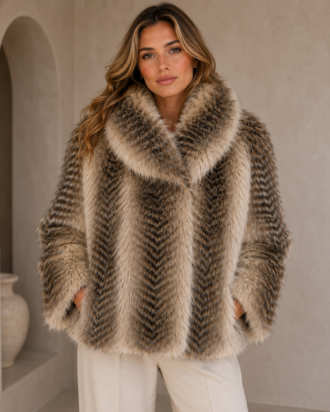 Stone Shaded Faux Fur Jacket with Collar