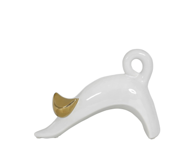 White Ceramic Medium Stretch Cat, Gold Head