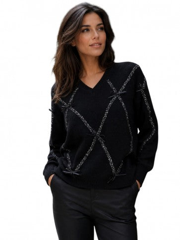 Black Knit V Neck Jumper with Sequin Detail