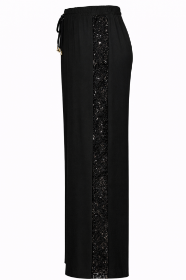 Black Drawstring Waist Trousers with Slits & Lace Panel