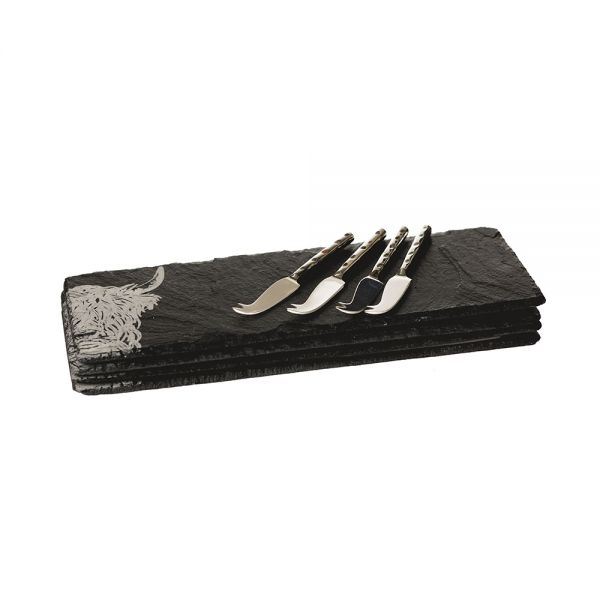 Highland Cow 4 Mini Slate Cheese Board & Knife Sets by Selbrae House