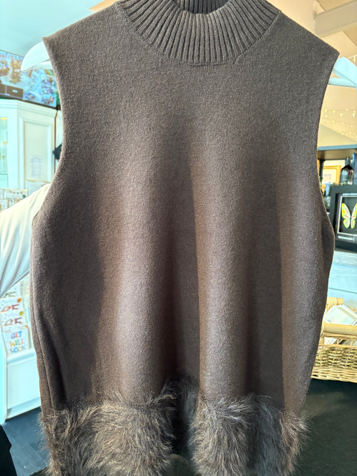 Chocolate Soft Knit Sleeveless Top with Fur Trim by The Nook