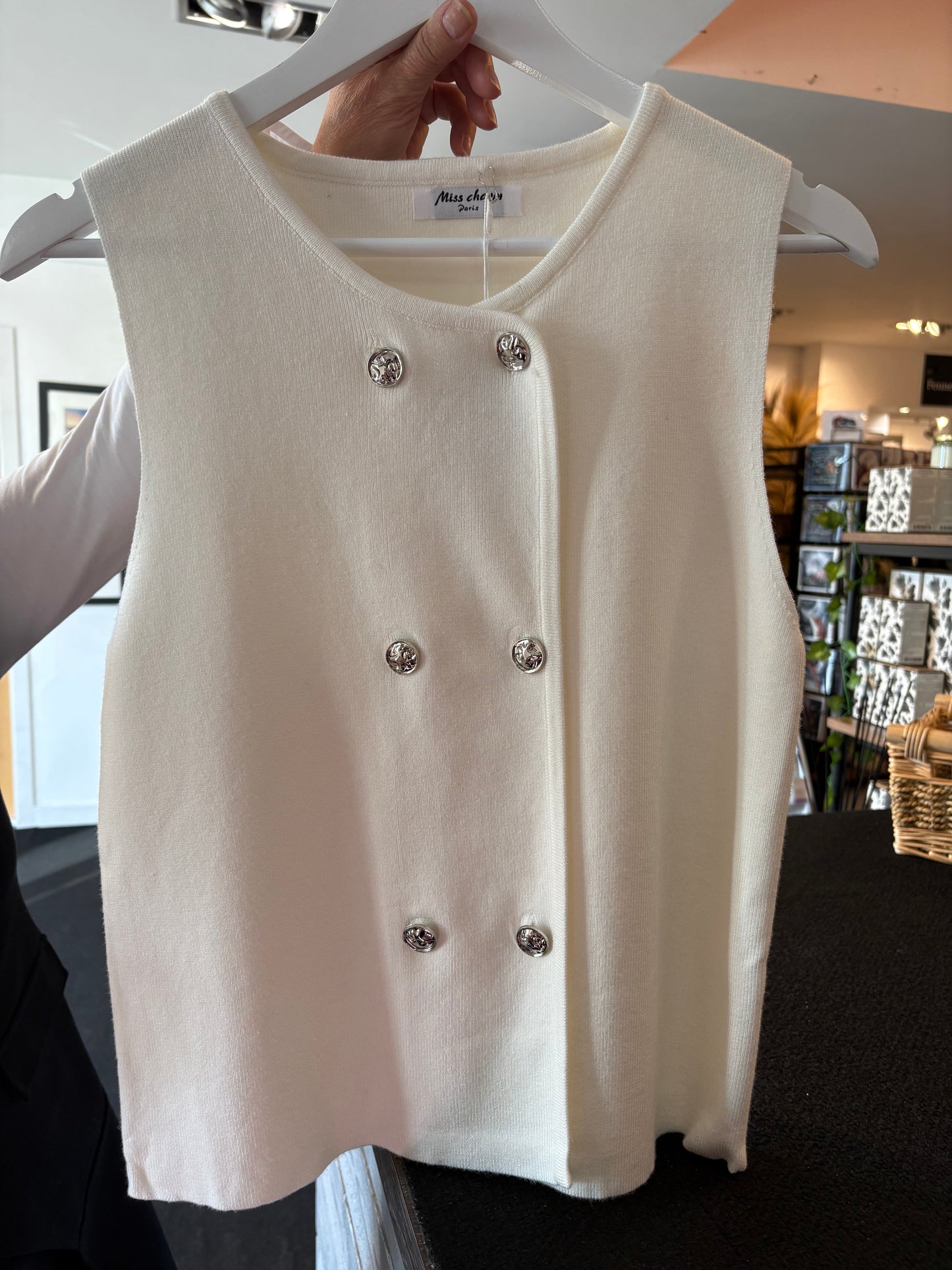 Cream Ribbed Double Breasted Waistcoat with Silver Buttons by The Nook