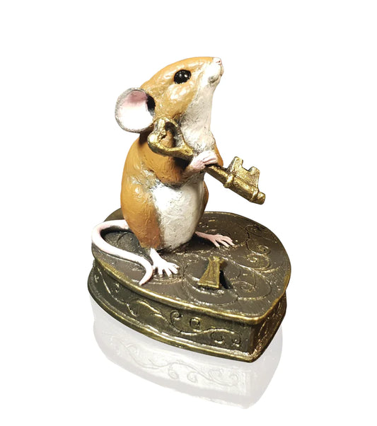 Key to your Heart (Mouse on Padlock) Resin Bronze Sculpture by Richard Cooper Studios
