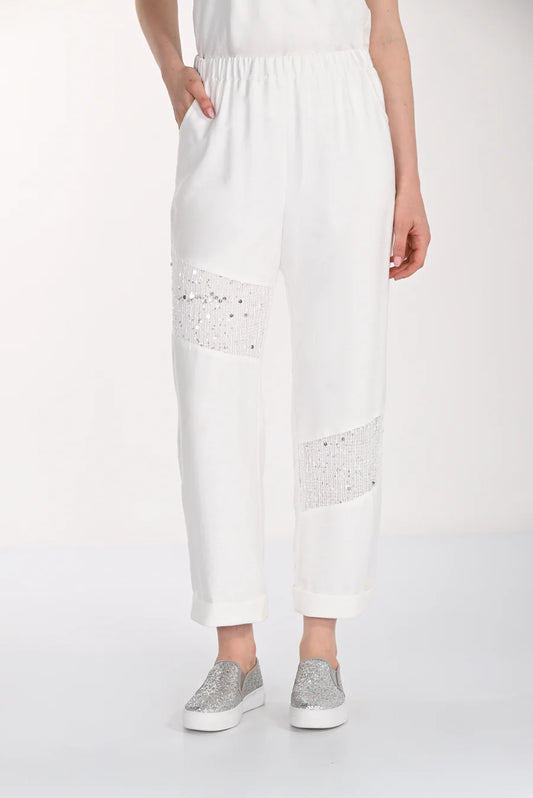 Frank Lyman Sequinned Off White/Silver Trousers by The Nook