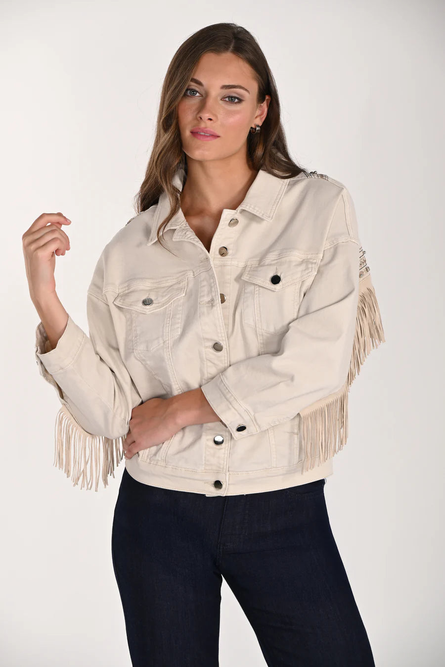 Frank Lyman Ivory Fringed Jacket by The Nook