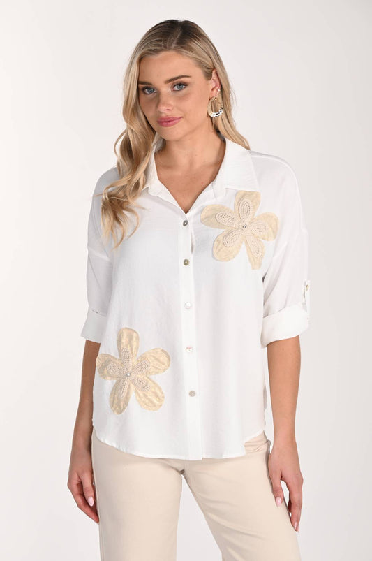 Frank Lyman Off White Embellished Flower Blouse by The Nook