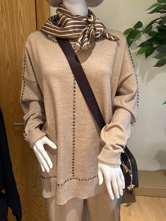 Stone knitted round neck jumper with square studs - one size - The Nook