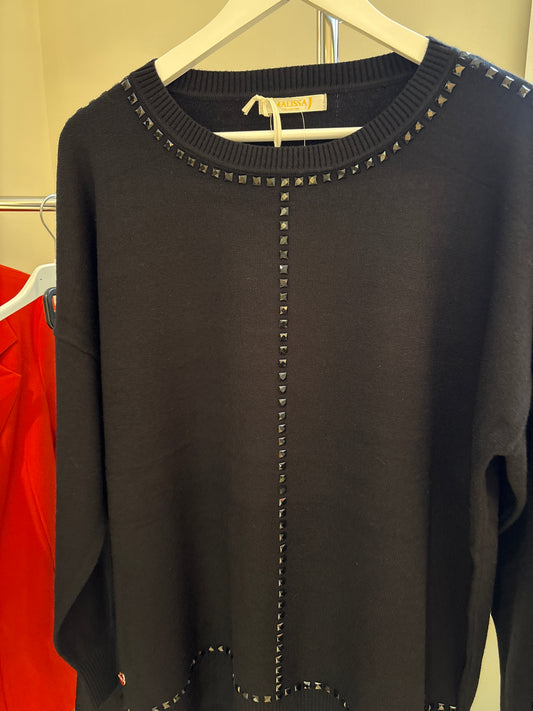 Black knitted round neck jumper with square studs - one size - The Nook