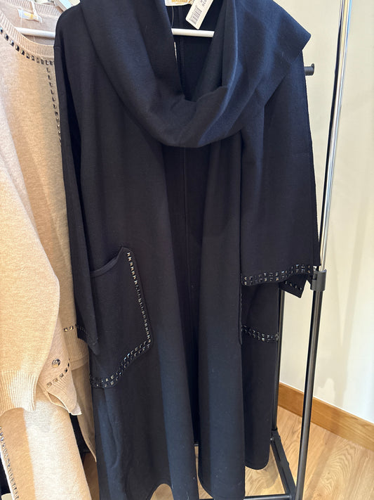 Black Knitted long swing Coatigan with large studded pockers and scarf 2pc - one size - The Nook