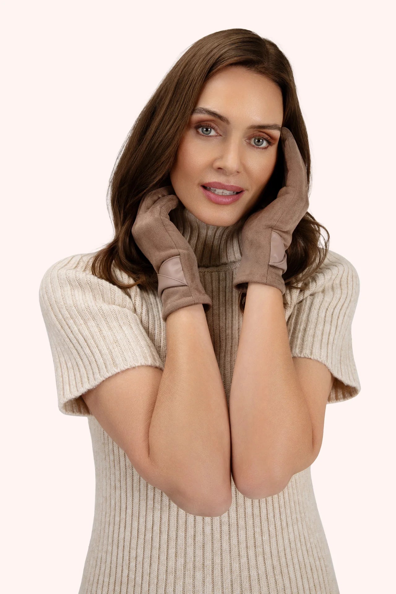 Meredith Faux Suede/Leather Gloves in Taupe by The Nook