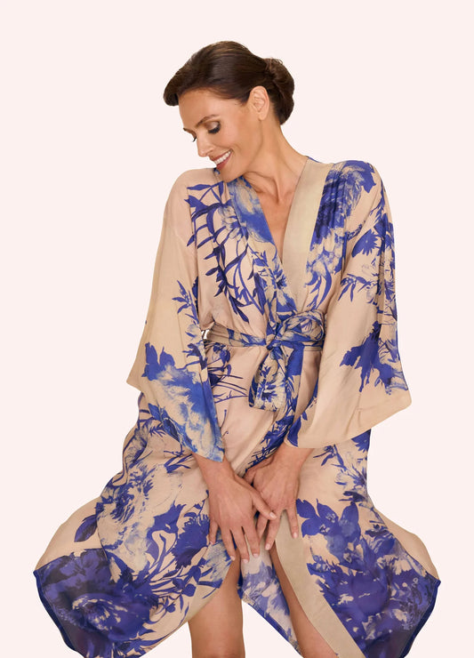 China Blue Blooms Design Long Kimono Gown by The Nook