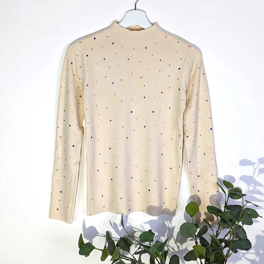 Soft Crew Neck Jumper with Multicoloured Crystals - Cream by The Nook