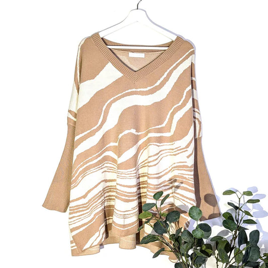 Luxe knitted swirl design free size v neck jumper in camel/beige by The Nook