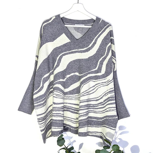 Luxe knitted swirl design free size v neck jumper in grey/beige by The Nook