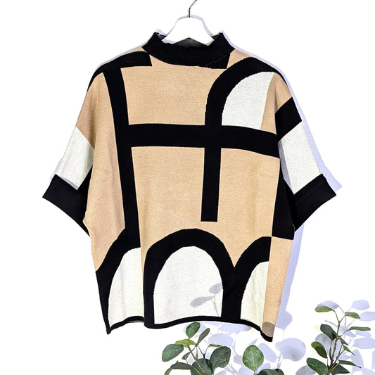 Luxe Knitted retro shapes jumper with 3/4 sleeves Medium - camel/black - The Nook