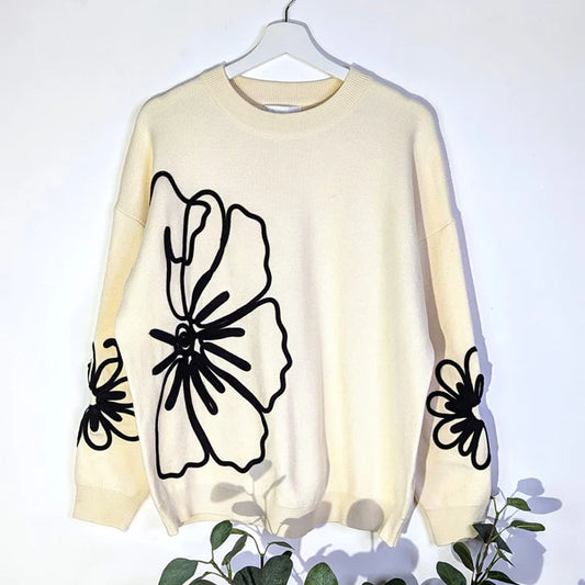 Luxe Knitted Jumper with Embroidered Flower - Beige by The Nook