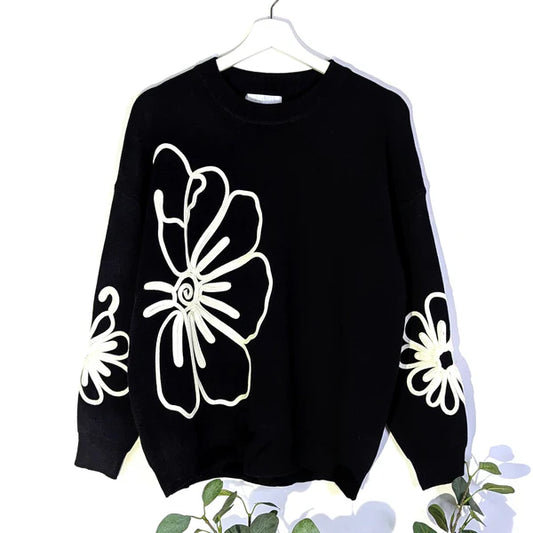 Luxe Knitted Jumper with Embroidered Flower - Black by The Nook