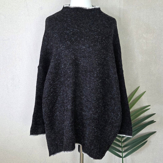 Roomy Striped Jumper with Blanket Edge Detail in Black by The Nook