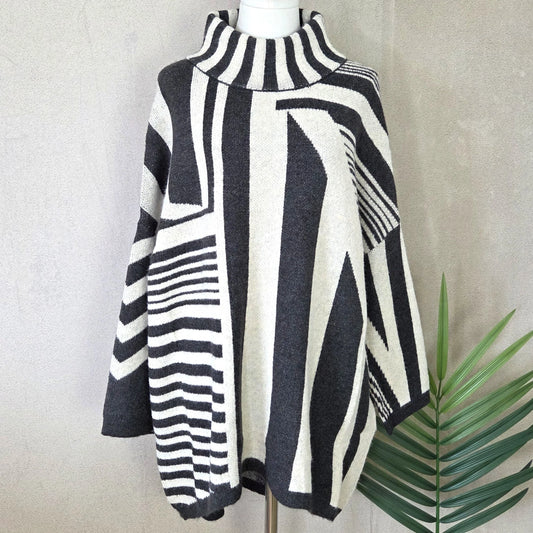 Palermo Roomy geometric lines design jumper with slight turtle neck - Black by The Nook