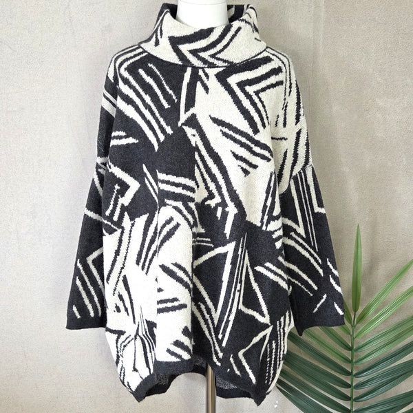 Palermo Roomy Zig-zag jumper with slight turtle neck - Black/White by The Nook