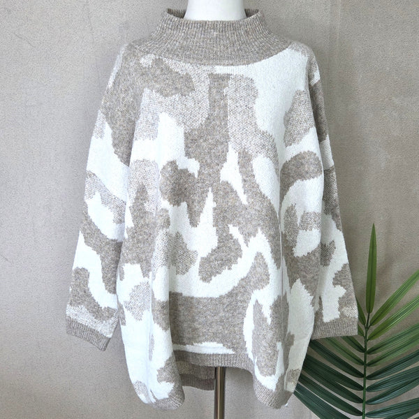 Roomy subtle camo design jumper with slight turtle neck - Beige by The Nook