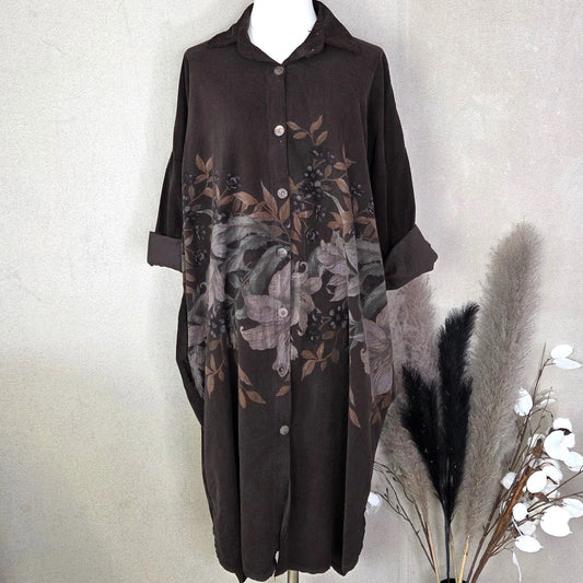 Fine knit cord roomy shirt dress with flower print section (M-L) by The Nook