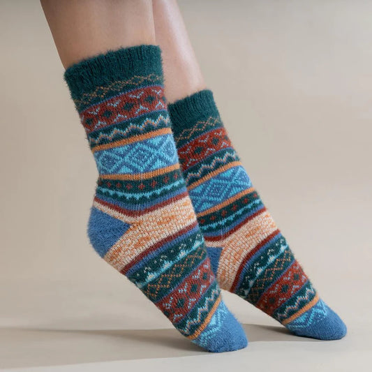 Blue red and green patterned wool blend socks size 4-7 - The Nook