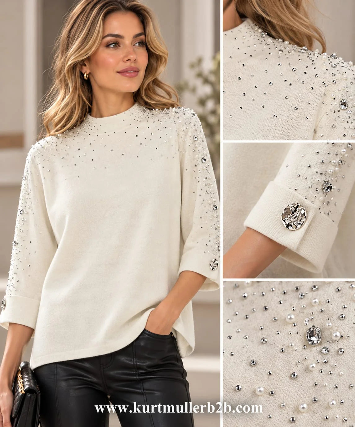 Pearl Shoulder Embellished Cream Jumper