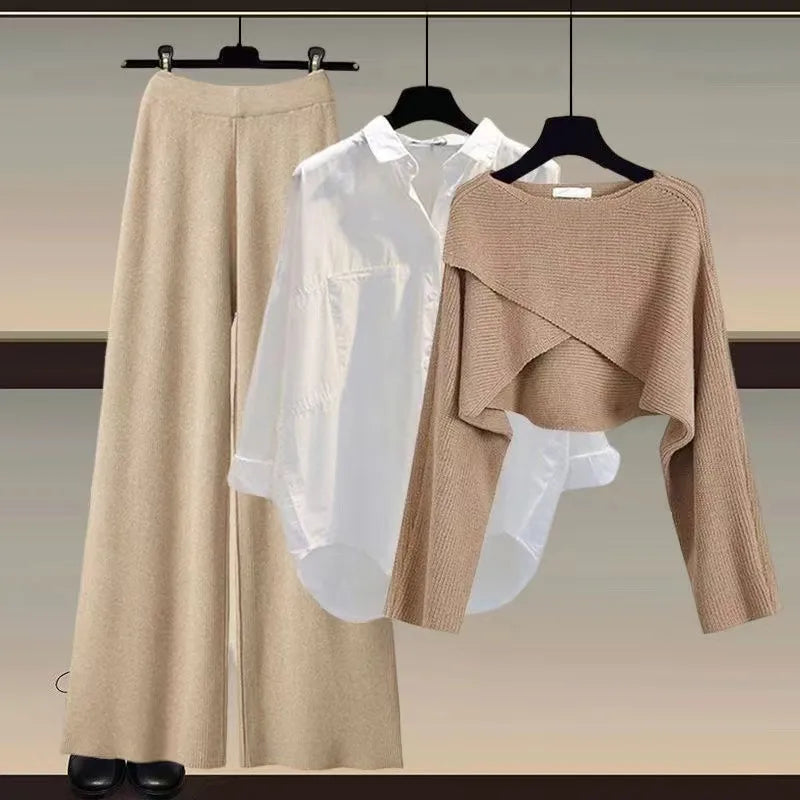 Women's Knitted Sweater Shirt Wide Leg Trouser Three Piece Set in coffee by The Nook