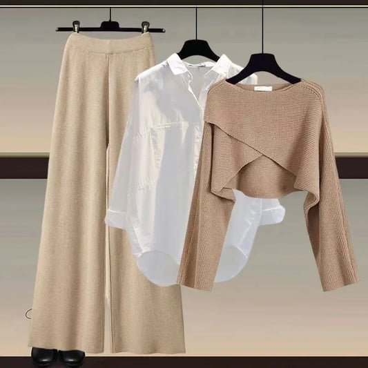 Women's Knitted Sweater Shirt Wide Leg Trouser Three Piece Set in coffee by The Nook