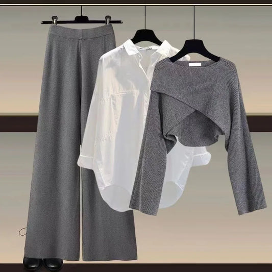 Women's Knitted Sweater Shirt Wide Leg Trouser Three Piece Set in Grey by The Nook