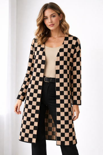 Camel & Black Checked Long Cardigan
