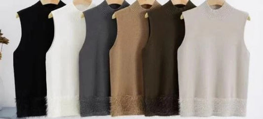 Cream Ribbed Turtle Neck Sleeveless Knit Vest with Faux Fur Trim - The Nook