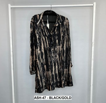 Ribbed Velvet Button Though Long Length Shirt in Black/Gold by The Nook