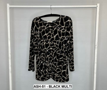 Black Printed Top with Front Knot Effect by The Nook