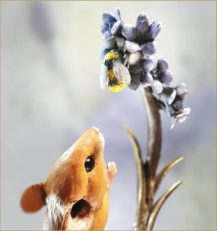 Mouse with Bluebells & Bee  Resin Bronze Sculpture by Richard Cooper Studios