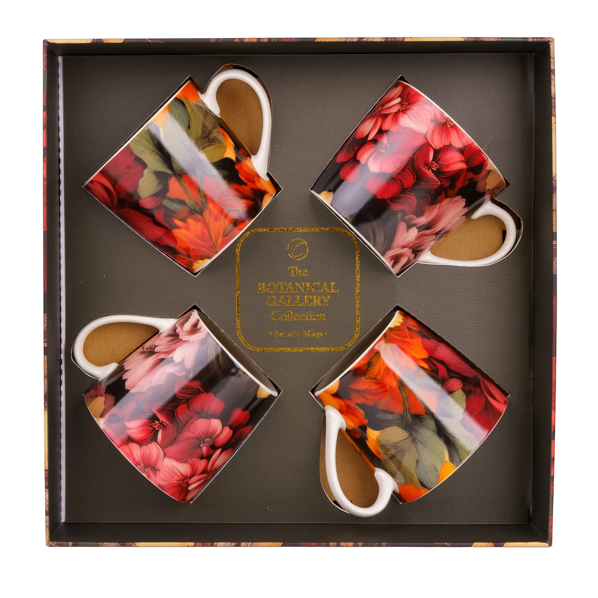 BOTANICAL GALLERY SET OF 4 MUGS 2 DESIGNS IN DECORATIVE BOX