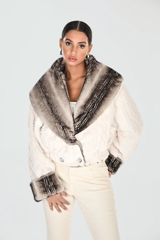 Faux Fur Reversible Jacket in Beige & Grey by The Nook