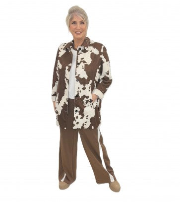 Mock Suede Cow Print Button Through Jacket with Tie Belt by The Nook