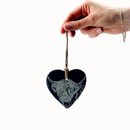 Slate Heart Hanging Decoration - Highland Cow by The Just Slate Company