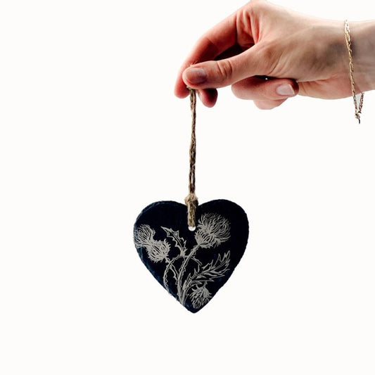 Slate Heart Hanging Decoration - Thistle by The Just Slate Company