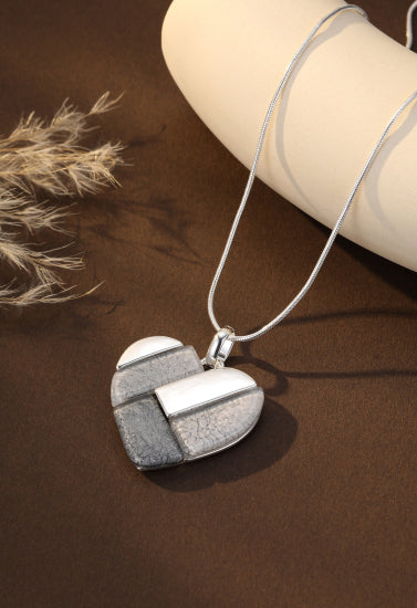 Short Silver Mosaic Heart Necklace with Grey Stones by The Nook